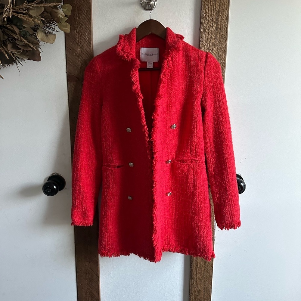 Carolina Belle Montreal Women’s Red Tweed Fringed Coat Blazer Open Front XS